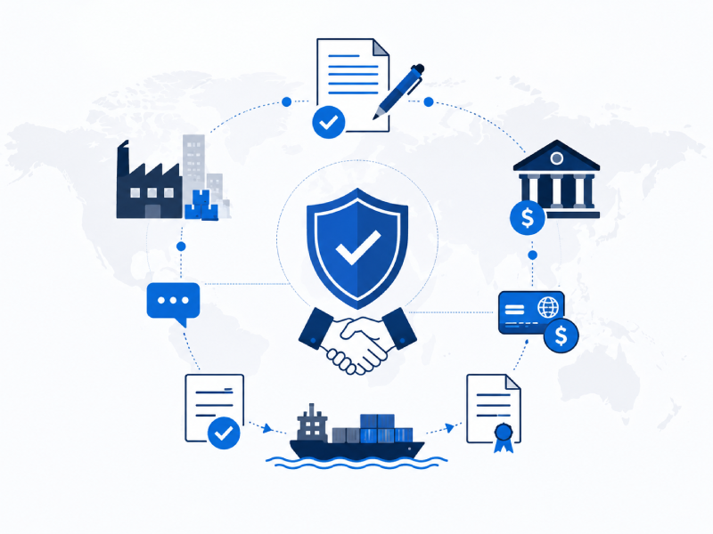 Flat vector illustration of international trade risk management, supplier negotiations, contract signing, secure payments, and global logistics for cross-border business services.