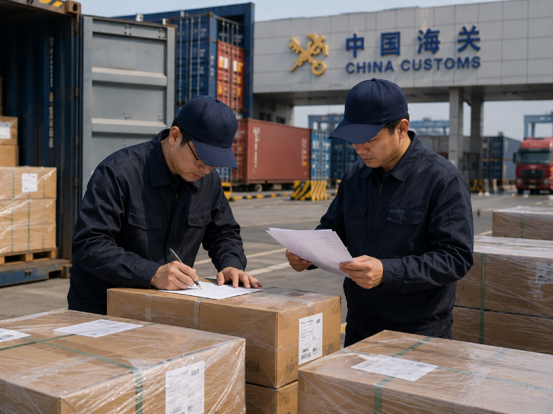 China customs officers inspecting cargo shipments and verifying import documentation at a logistics terminal