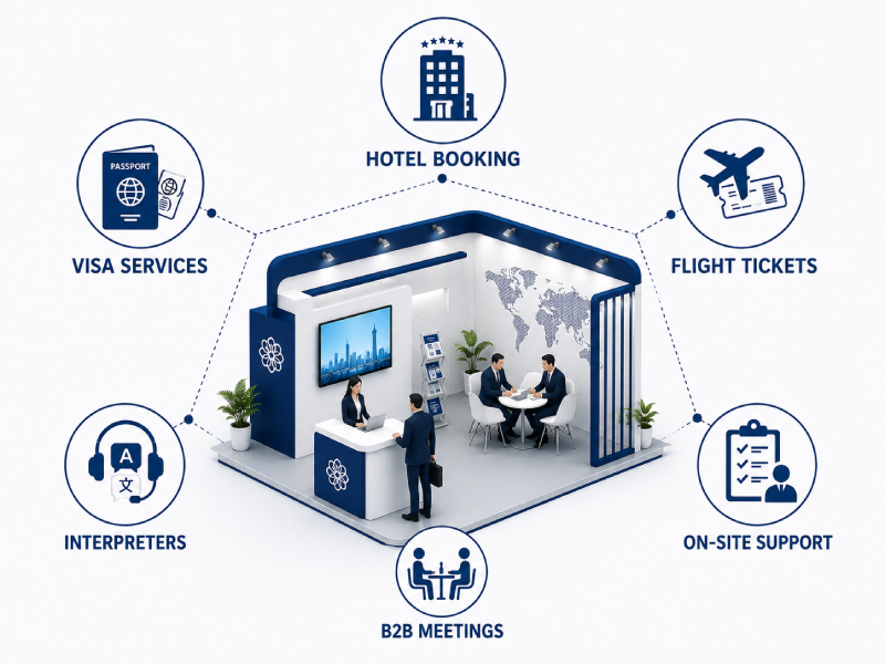 International exhibition services in China including booth support, visa assistance, hotel booking, flight arrangements, professional interpreters, B2B meetings, and on-site exhibition management.