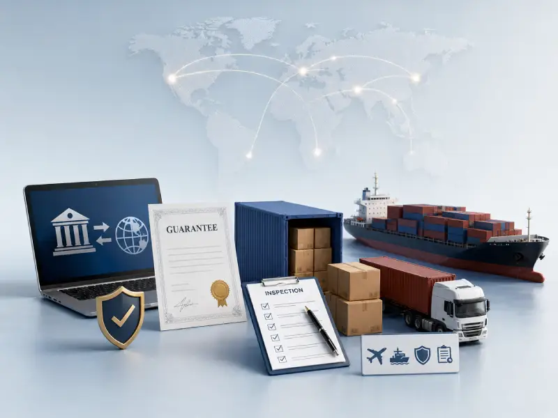Professional import support from China to Iran with international money transfer, supplier guarantees, quality inspection, freight transportation, cargo insurance, and customs clearance services.