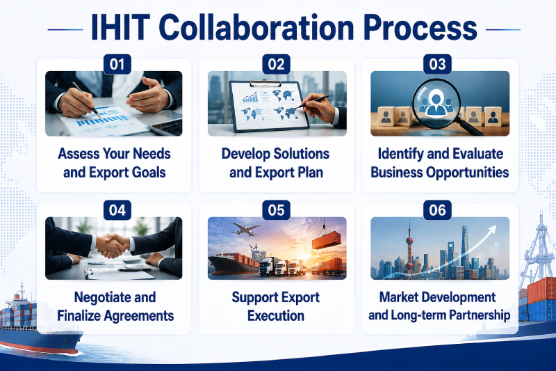 IHIT collaboration process infographic illustrating export planning, business opportunity identification, negotiations, export execution, and market development in China