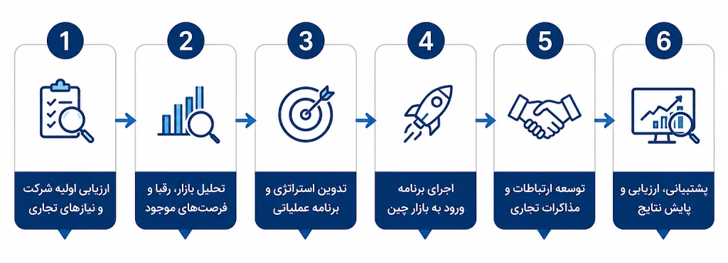 Six-step consulting process by IHIT including company assessment, market analysis, strategy development, market entry execution, business negotiations, and performance evaluation