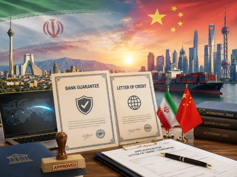 International trade finance between Iran and China featuring bank guarantees, letters of credit, financial documentation, cargo shipping, and modern city skylines, symbolizing secure cross-border business transactions and export support.