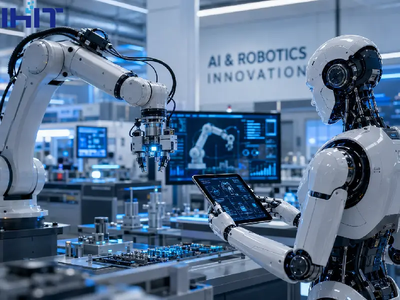 Humanoid robot and industrial robotic arm working in a smart manufacturing environment powered by artificial intelligence, automation, and advanced robotics technology.