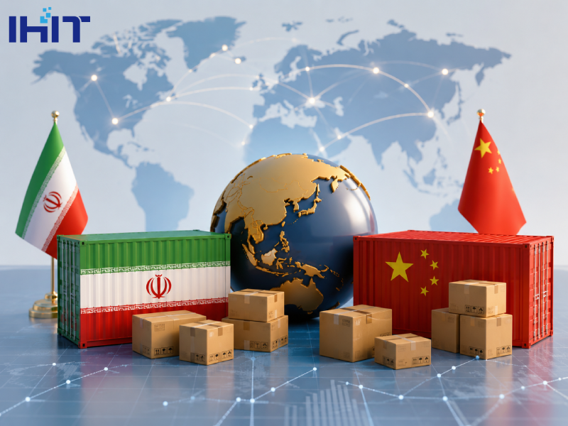 Iran China trade concept with shipping containers, global logistics and export business illustration