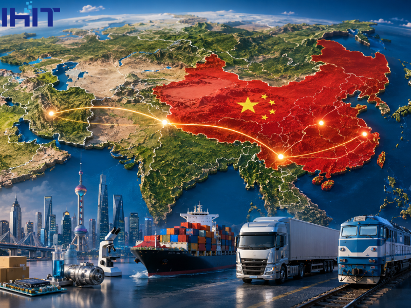 Export of Iranian knowledge-based products to China illustrated with a large Asia map, trade routes, cargo shipping, rail transportation, logistics services, and technology innovation.