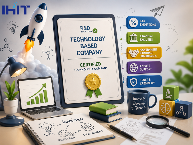 3D illustration of an innovation certificate with technology icons, gears, shield, and upward growth chart representing knowledge-based company certification, innovation, funding, tax incentives, and business growth.