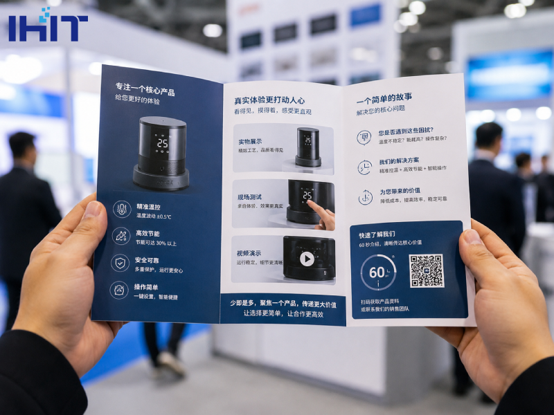 A photo of a person holding a Chinese product brochure at a trade show, with the brochure only showing one product so the user doesn't get confused.