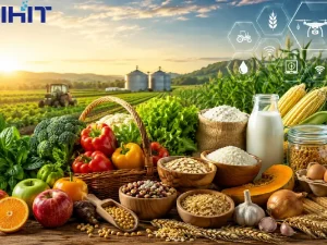 Modern agriculture and food production concept featuring fresh organic products, grains, vegetables, dairy products, smart farming technologies, and sustainable agricultural practices.