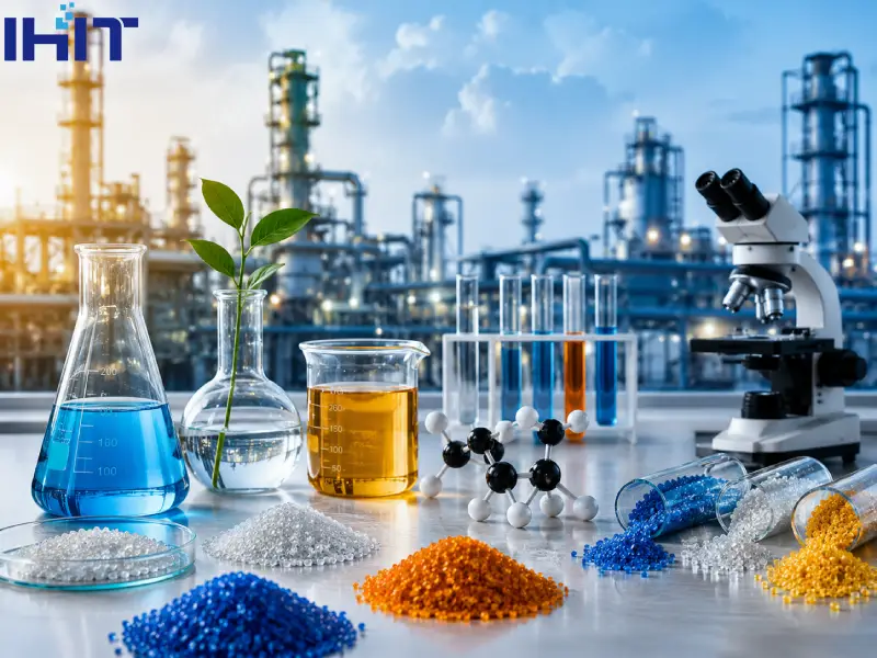 Chemical industry research laboratory featuring polymers, petrochemical materials, composite technologies, laboratory equipment, and advanced industrial innovation.