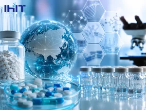 Conceptual illustration of pharmaceutical innovation featuring laboratory vials, medicine capsules, biotechnology elements, and a global healthcare network representing CPHI China 2026.
