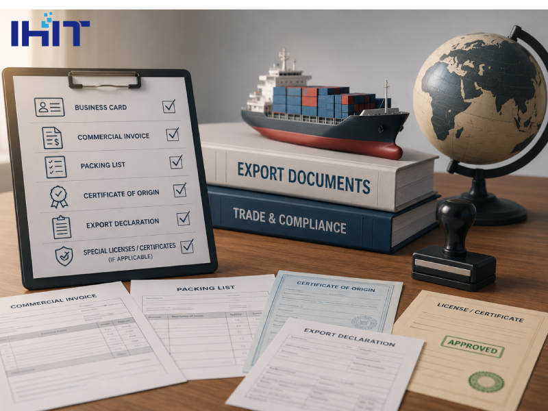 Required documents for obtaining an export license, including commercial invoice, packing list, certificate of origin, and export declaration