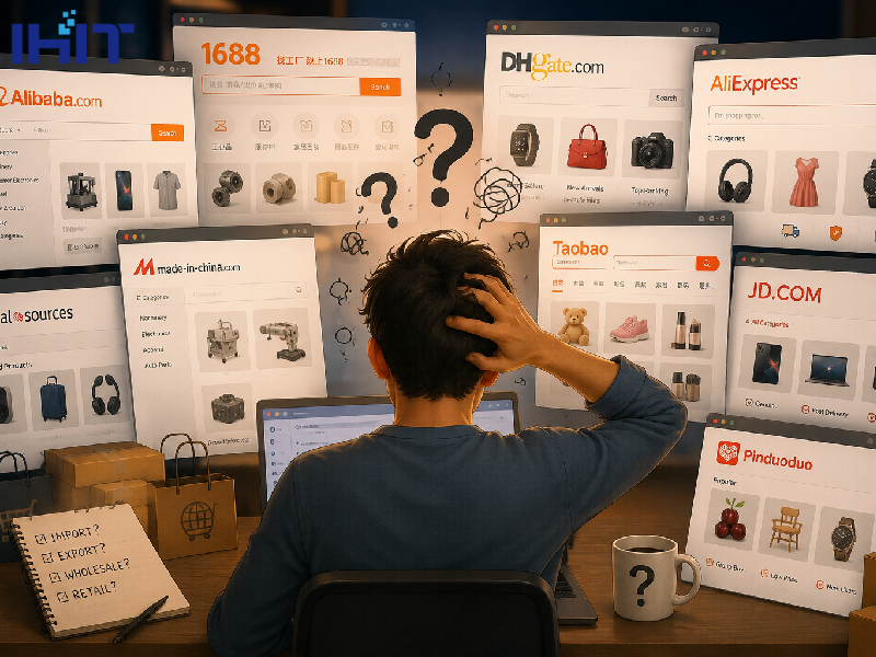 Confused business owner comparing China's online marketplaces to choose the best e-commerce platform
