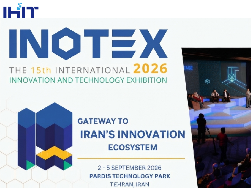 INOTEX 2026 Pitch Competition poster showing regional startup events across Iran and registration details