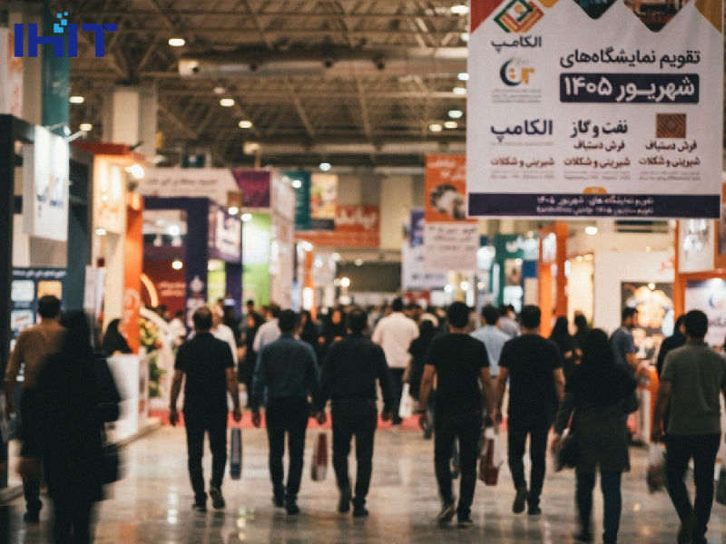 Shahrivar 1405 Exhibition Calendar - Iran Innovation Center in China showing major exhibitions like Elecomp, Oil and Gas, Carpets, and Confectionery