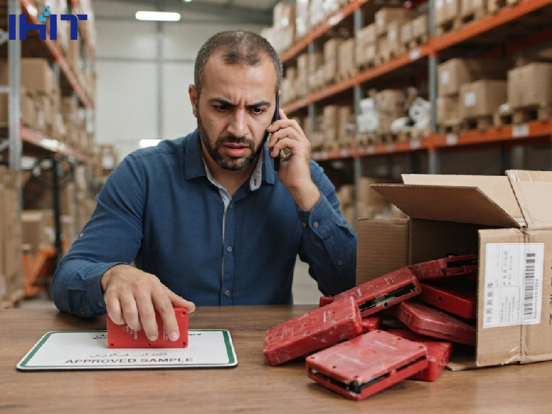 A man in a warehouse office, looking stressed while on a phone call. On the desk in front of him, he holds one red device and points at another. Next to him is an open cardboard box filled with a pile of similar red devices, with 'MADE IN CHINA' and Chinese characters printed on the box. A small sign on the desk reads 'APPROVED SAMPLE'.