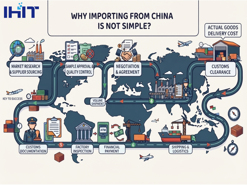 "Infographic illustrating the complex steps of importing goods from China, including market research, sample approval, negotiation, factory inspection, financial payment, shipping, and customs clearance."