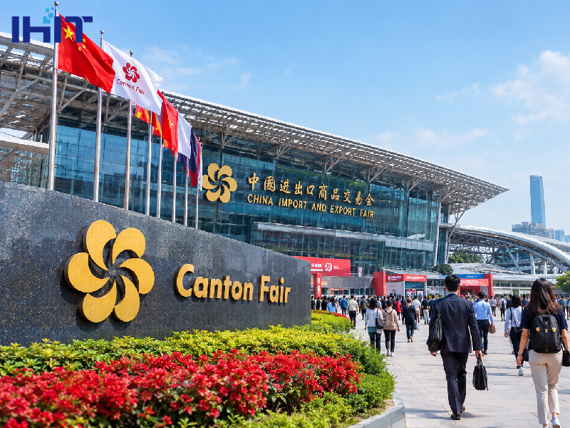 Canton Fair 2026 exhibition complex in Guangzhou, China, with international visitors and exhibitors
