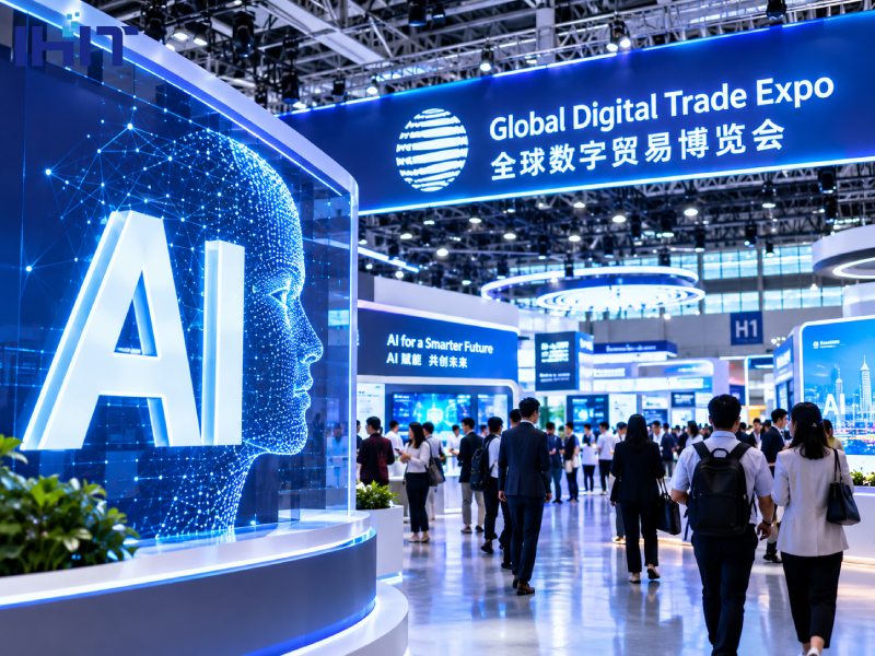 Attendees walking through the exhibition hall at the Global Digital Trade Expo, featuring a large illuminated AI display and glowing futuristic signage.