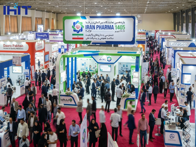An overhead shot of the crowded Iran Pharma 1405 exhibition hall with attendees walking through red-carpet aisles, corporate booths, and a central banner displaying IRAN PHARMA 1405.