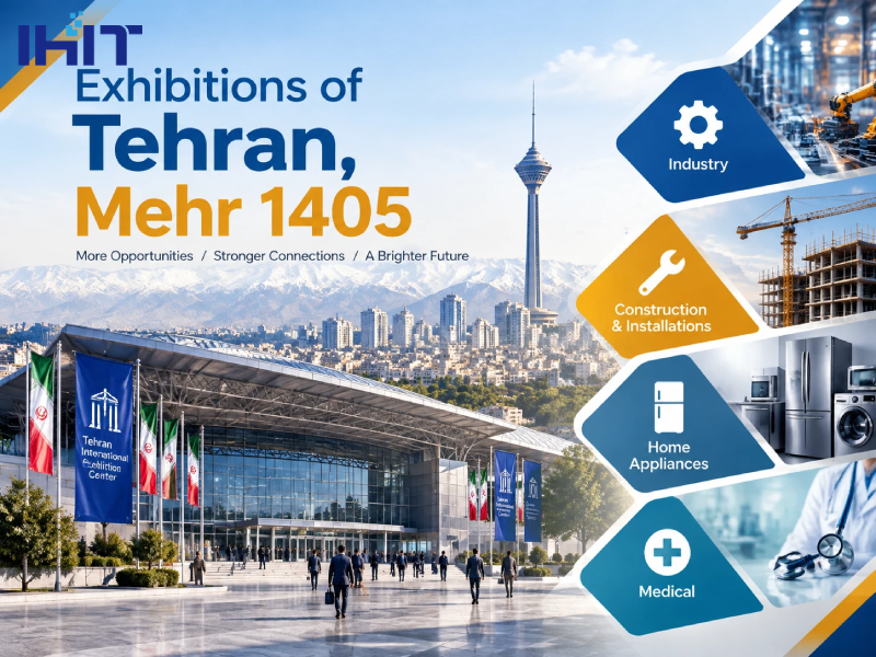 Tehran exhibitions calendar for Mehr 1405, featuring major trade shows in industry, construction, and medical sectors held at Tehran International Exhibition Center.