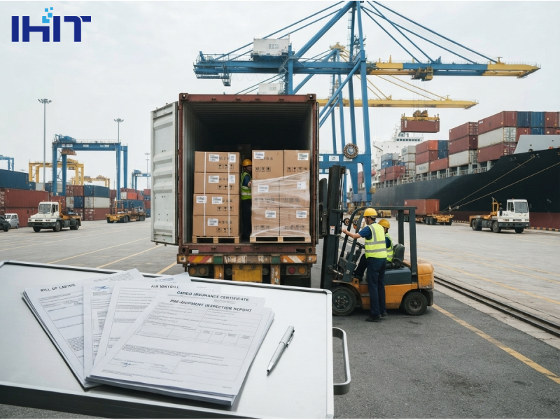 An editorial photograph of a busy international container terminal in a modern Chinese seaport. In the foreground, a desk holds generic, realistic shipping documents (Bill of Lading, Air Waybill, insurance, inspection) and a pen, with no specific text or logos. In the background, workers use a forklift to load sealed cartons into a container, while large cranes operate and a docked cargo ship is visible. The image is professional, detailed, and free of overlays or watermarks, focusing sharply on the documentation and immediate loading process.