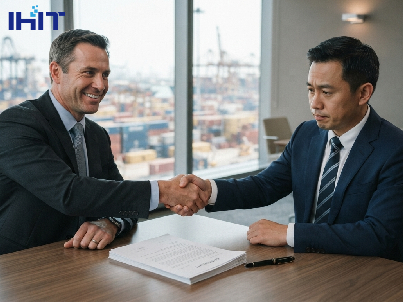 Business partners shaking hands across an office table with an unsigned contract and a view of a container port in the background.