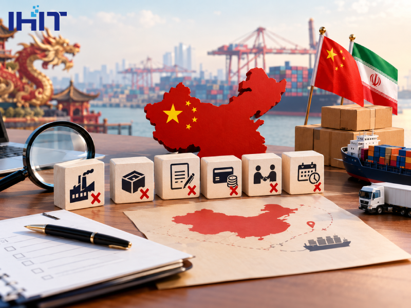 Common mistakes in China trade and import business, with Chinese map, shipping containers, cargo ship, supplier verification and trade documents
