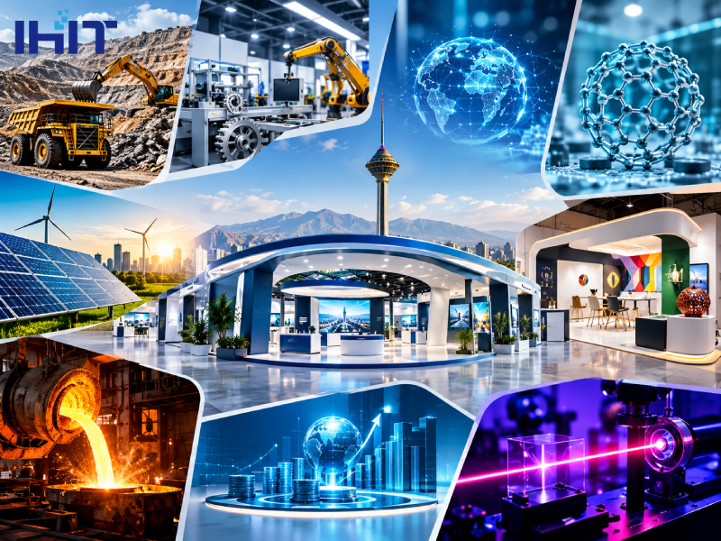 Tehran Exhibition Calendar for Aban 1405 featuring specialized and international events in industries, mining, and advanced technologies with Tehran Milad Tower in the background