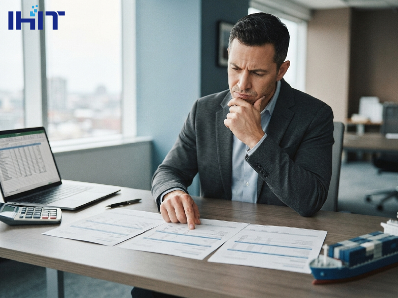 Business professional reviewing and comparing multiple international supplier quotation sheets at a modern office desk with a laptop and cargo ship model.